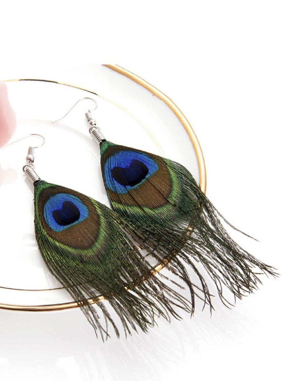 brand new Bohemian Peacock Eye Feather Dangle Earrings w/ French Ear Hook
